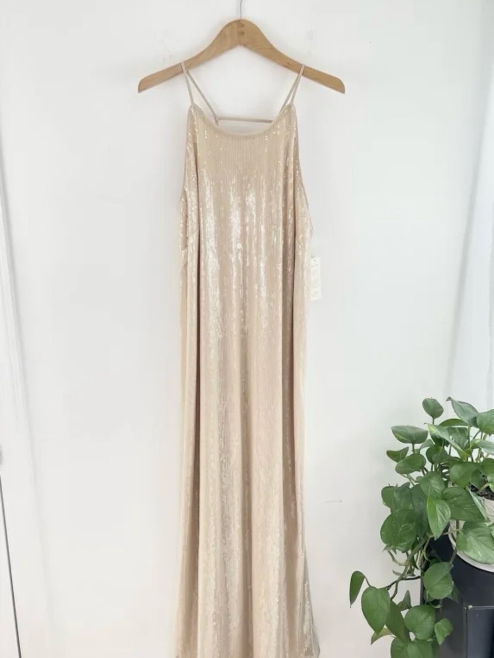 A New Day Champagne Sequin Spaghetti Strap Maxi Dress